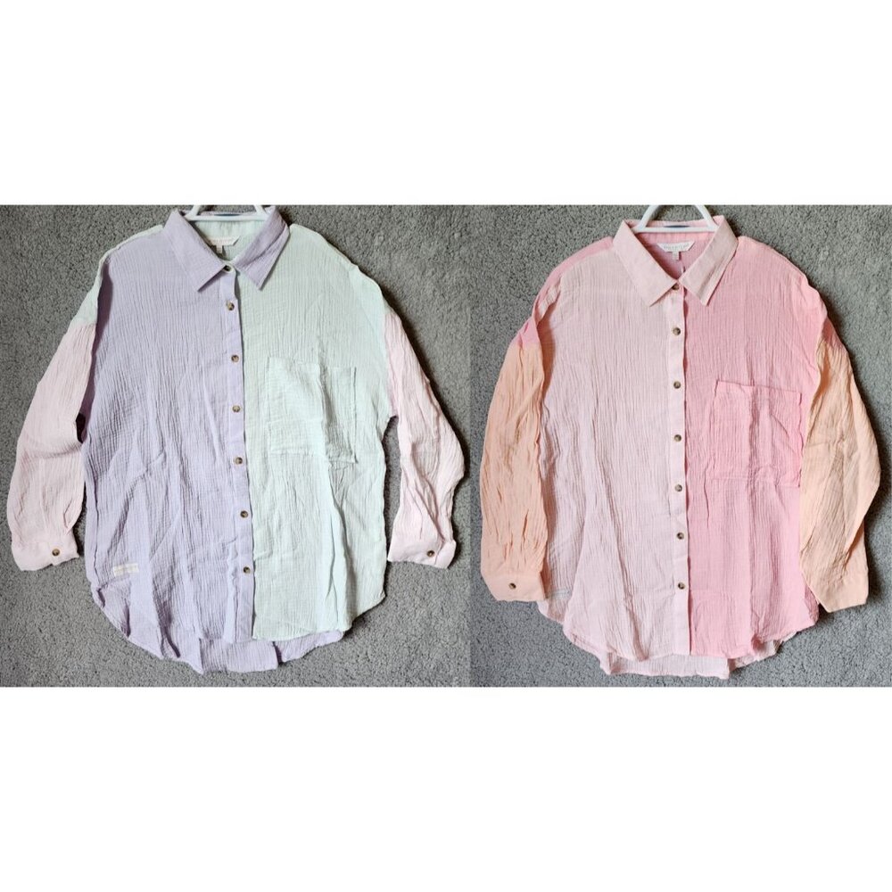 x2 NWT Simply Southern L/S Pastel Colorblock Gauze Button Down Tops Size M/L